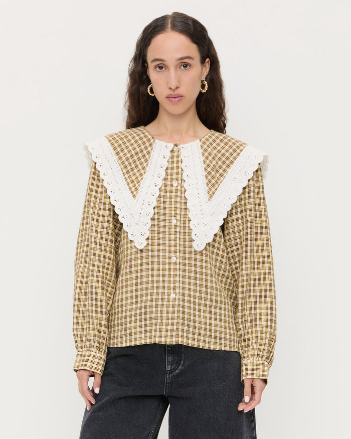 Ken Shirt in brown and butter plaid and Everett Denim Shorts in washed black denim.