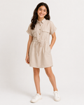 Kids Collared Shirt Dress With Waist Tie