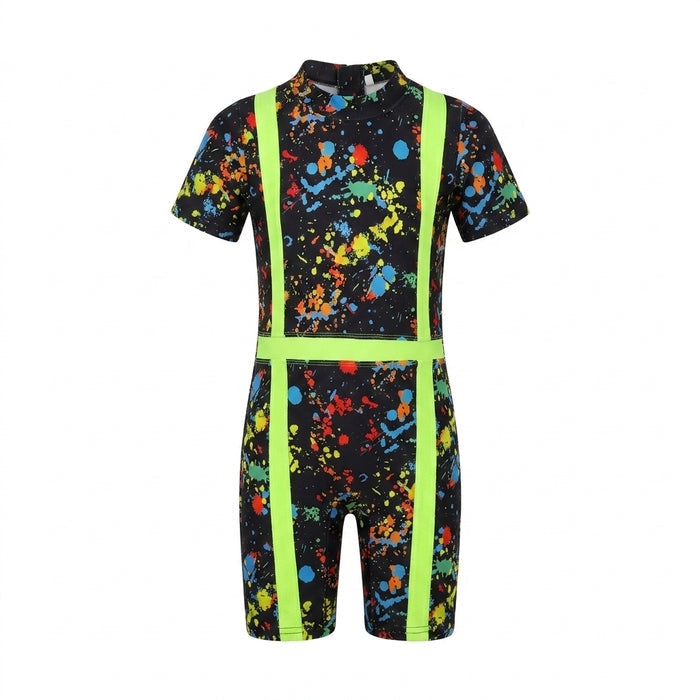 Kids Neon Splash Print Short Sleeve Swimsuit