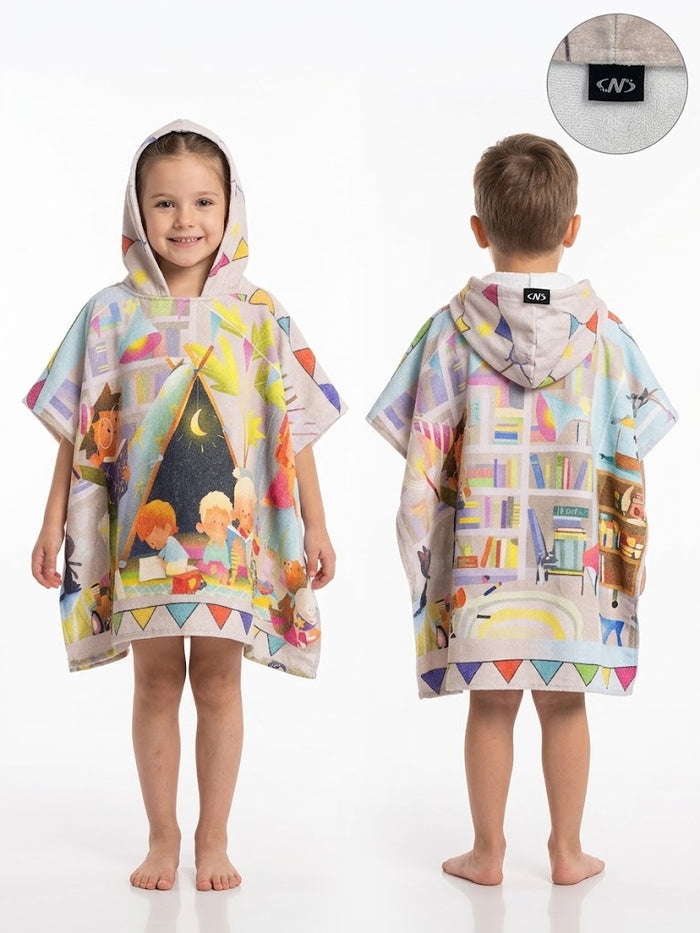 Kids Story Print Hooded Beach Towel Poncho