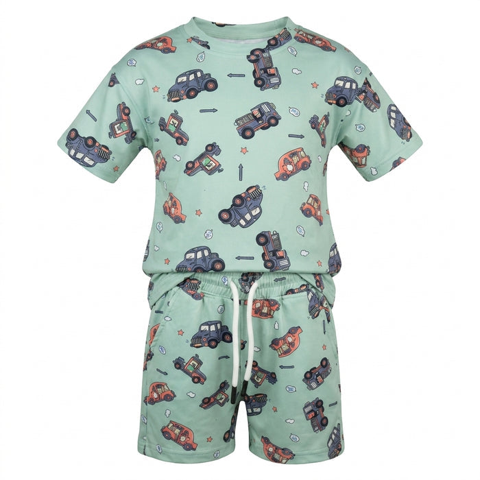 Kids Vehicle Print T Shirt And Shorts Set