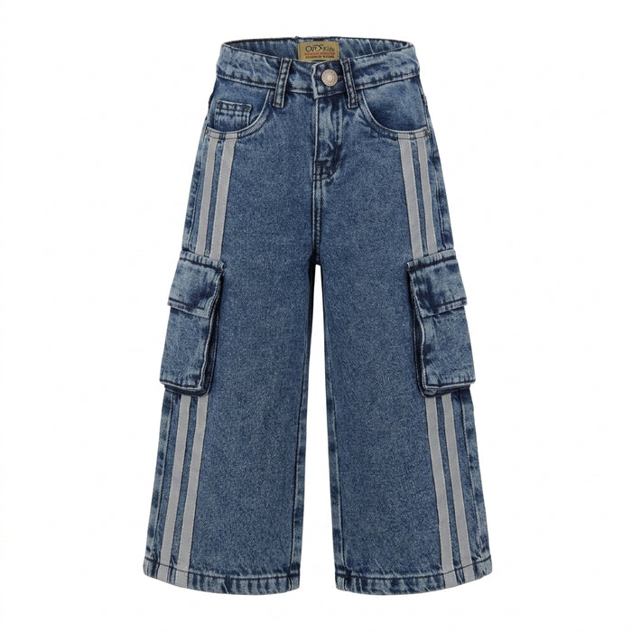 Kids Wide Leg Cargo Jeans With Side Stripe