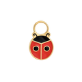 A close up of a ladybug shaped hoop charm with red and black enamel and gold-plated titanium metal on a white background
