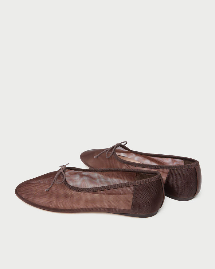 Landon Chocolate Mesh Ballet Flat in chocolate brown mesh.