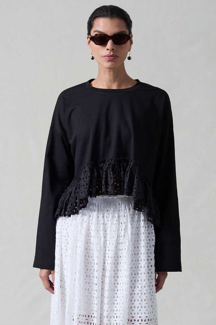 Laser Cut High Low Long Sleeve Tee Black
