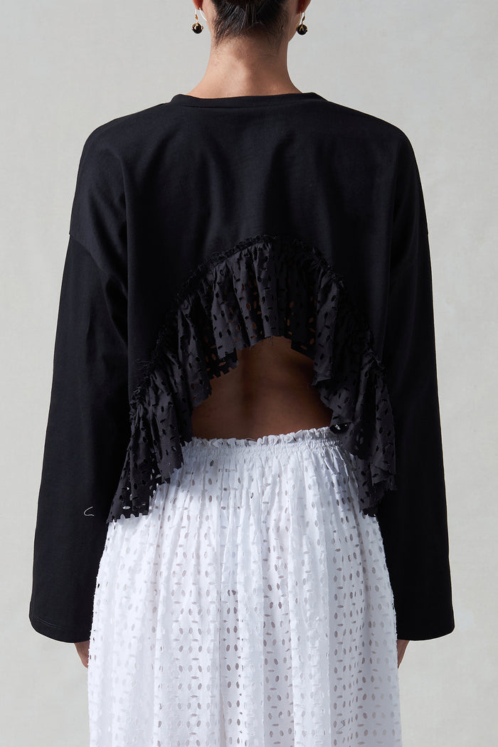 Laser Cut High Low Long Sleeve Tee Black