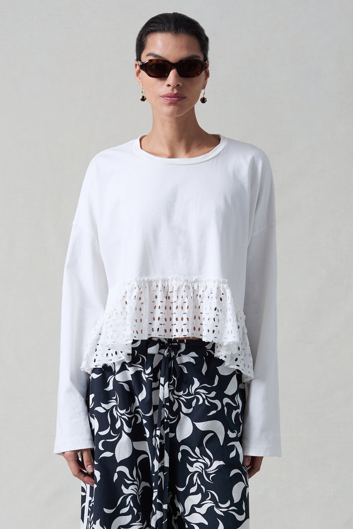 Laser Cut High Low Long Sleeve Tee White