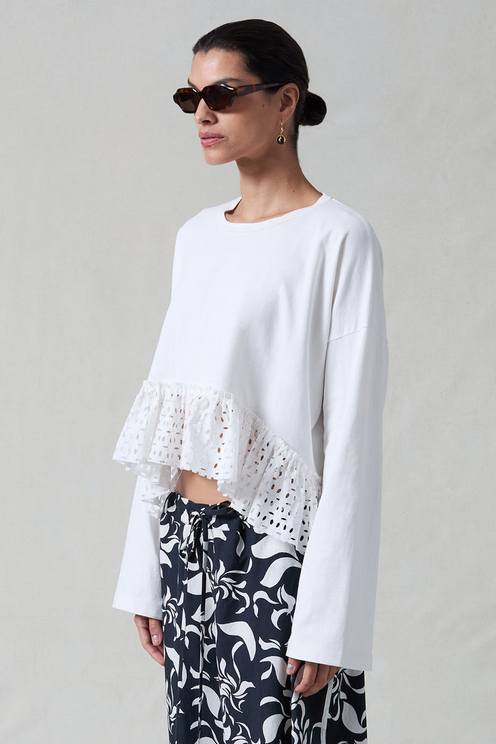 Laser Cut High Low Long Sleeve Tee White