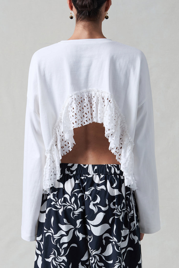 Laser Cut High Low Long Sleeve Tee White
