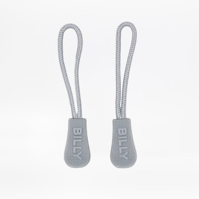 Two light grey zipper pulls with BILLY brand logo on a white background