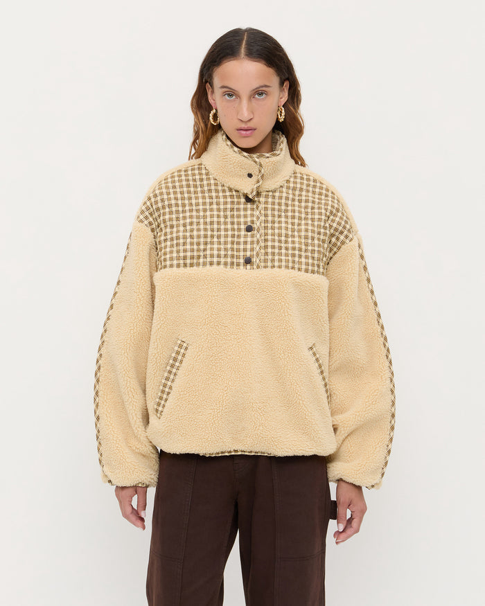 Liz Pullover Fleece in tan fleece and brown butter plaid and Molly Workwear Jean in dark brown denim.