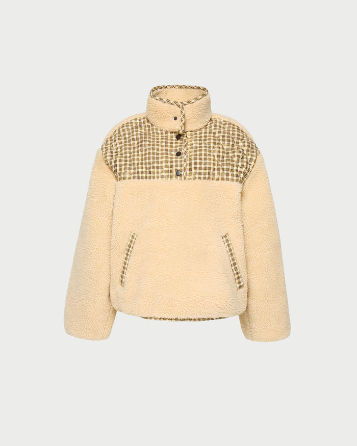 Liz Pullover Fleece in tan fleece and brown butter plaid.