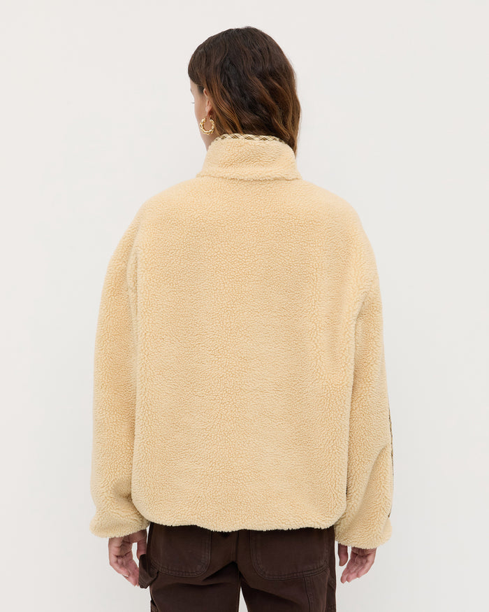 Liz Pullover Fleece in tan fleece and brown butter plaid and Molly Workwear Jean in dark brown denim.