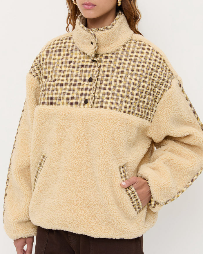 Liz Pullover Fleece in tan fleece and brown butter plaid and Molly Workwear Jean in dark brown denim.