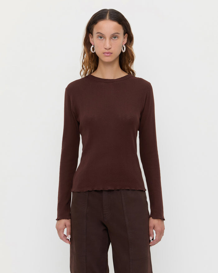Lolo Pointelle Long-Sleeve Tee in espresso brown pointelle fabric and Molly Workwear Jean in dark brown denim.