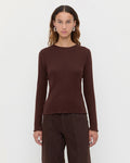 Lolo Pointelle Long-Sleeve Tee in espresso brown pointelle fabric and Molly Workwear Jean in dark brown denim.