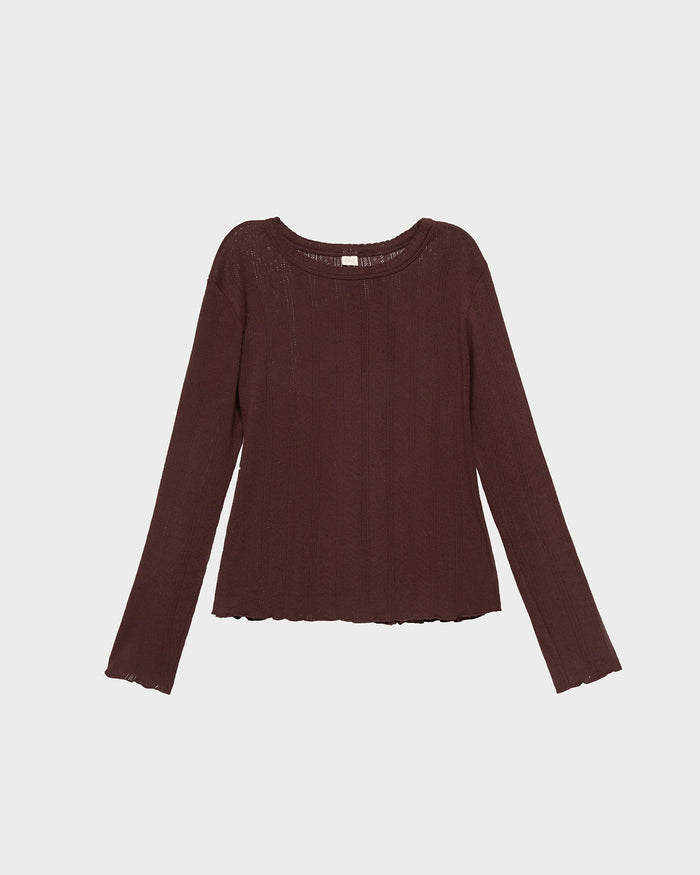 Lolo Pointelle Long-Sleeve Tee in espresso brown pointelle fabric.