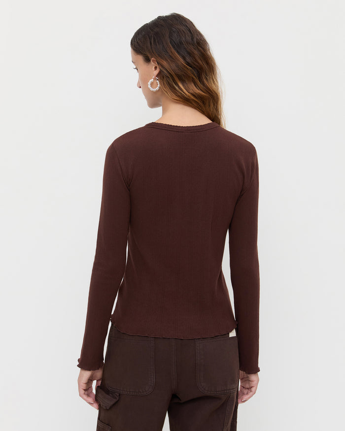 Lolo Pointelle Long-Sleeve Tee in espresso brown pointelle fabric and Molly Workwear Jean in dark brown denim.