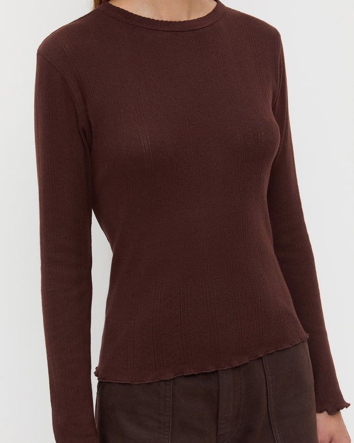 Lolo Pointelle Long-Sleeve Tee in espresso brown pointelle fabric and Molly Workwear Jean in dark brown denim.