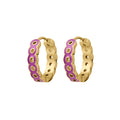 Gold hoop earrings with purple enamel accents on a white background