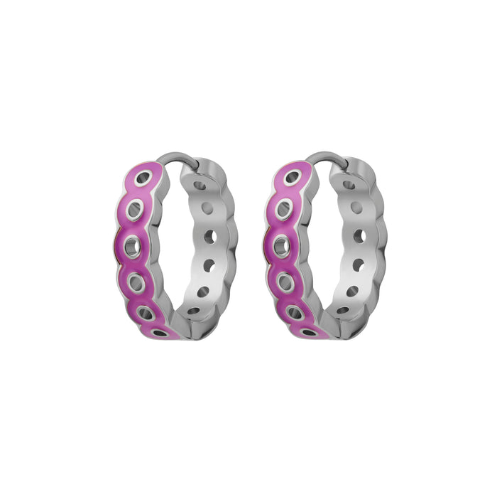 Pair of silver hoop earrings with purple accents on a white background