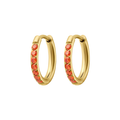 Gold hoop earrings with orange gemstones on a white background