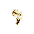 Gold-colored flat back stud earring with a brown and white enamel design that looks like a marshmallow on a stick, on a white background