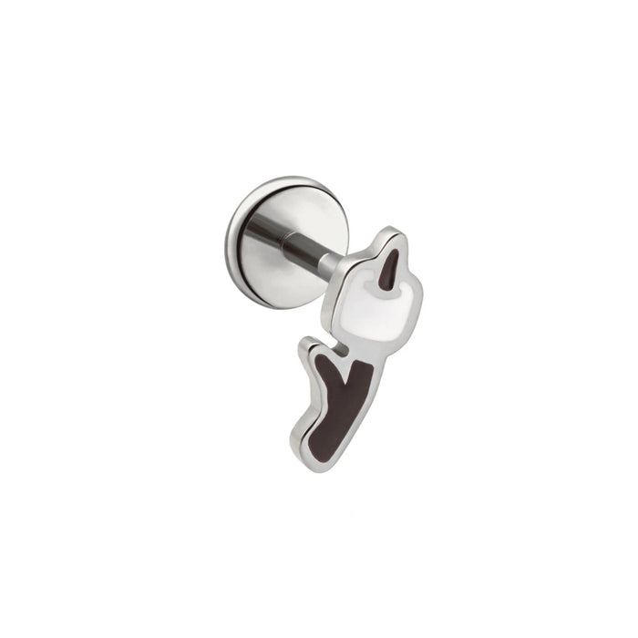Silver-colored flat back stud earring with a brown and white enamel design that looks like a marshmallow on a stick, on a white background