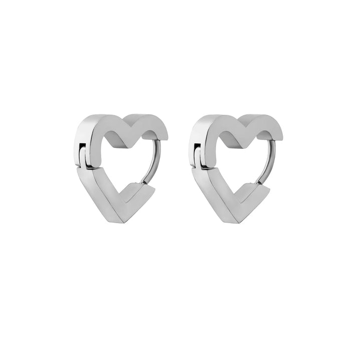 Silver heart-shaped hoop earrings on a white background