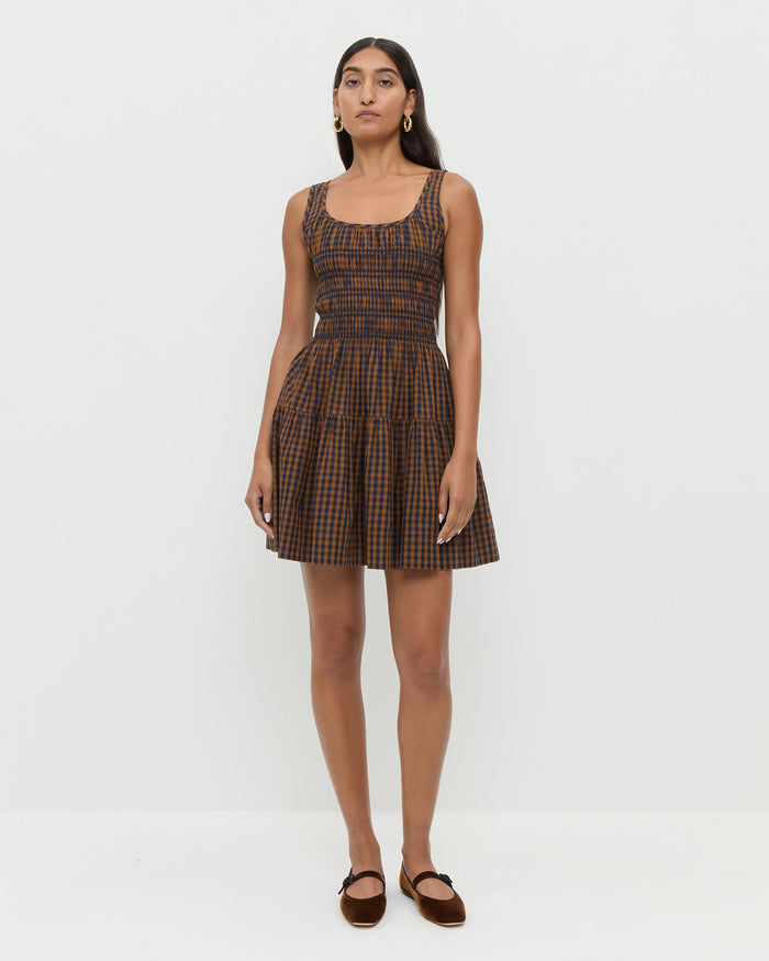 Melody Dress in brown and navy gingham cotton and Ginger Dark Brown Velvet Mary Jane.