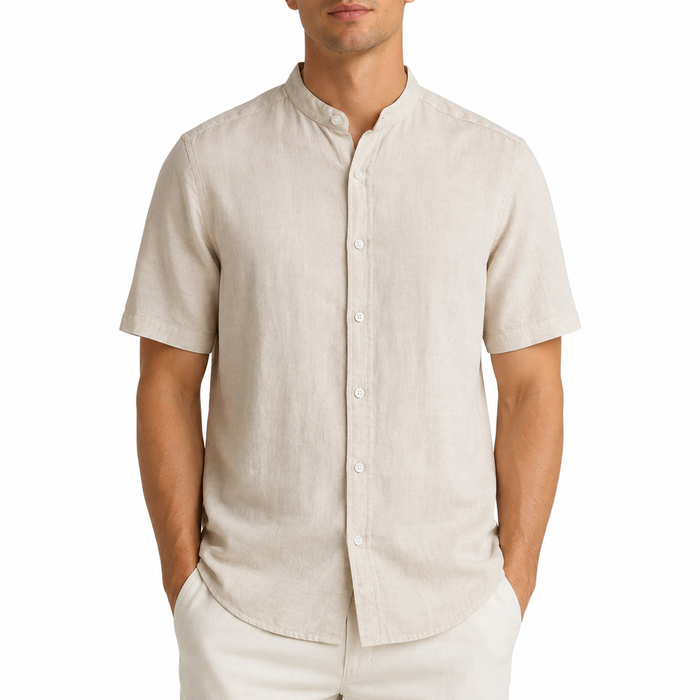 Men Mandarin Collar Short Sleeve Shirt