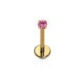 A single 18k gold PVD plated ASTM F136 implant grade titanium push-pin flat back stud with a pink zirconia stone, displayed against a white background.