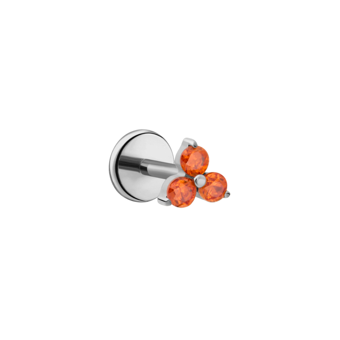 Silver titanium flat back stud earring with cluster of three orange gemstones on a white background