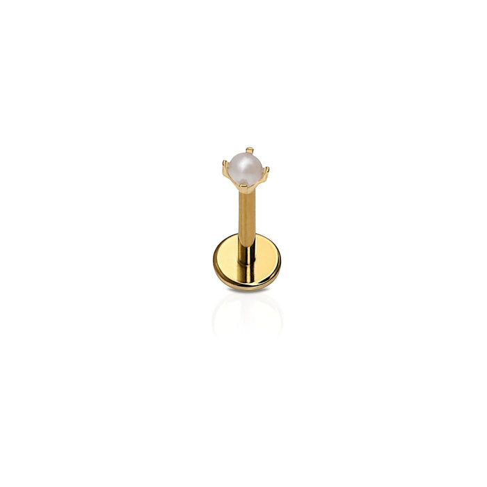 Gold flat back stud with a synthetic, prong-set pearl on a white background