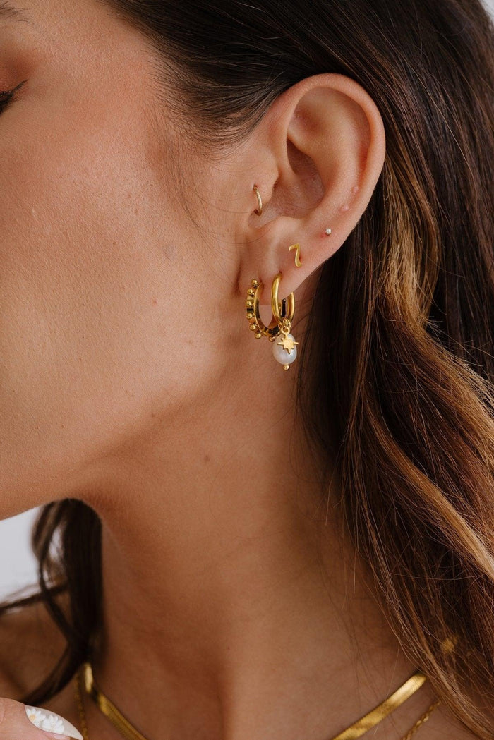 Close-up of a person wearing gold hoop earrings and a necklace.