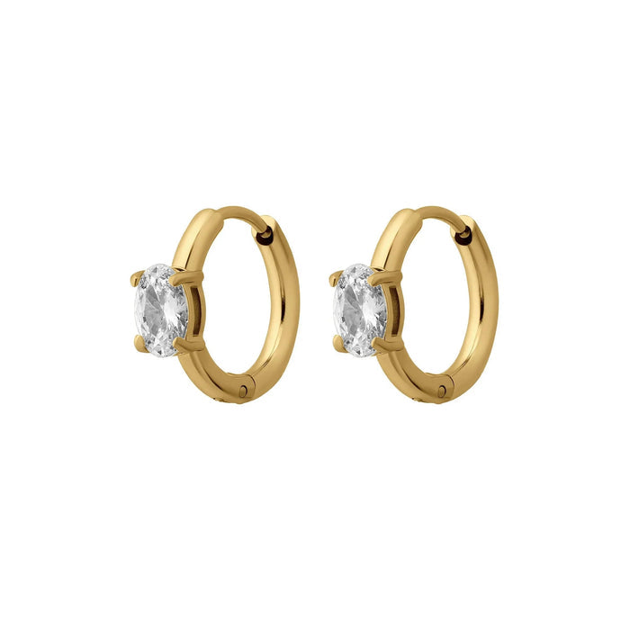 Gold hoop earrings with clear gemstones on a white background