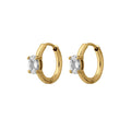 Gold hoop earrings with clear gemstones on a white background