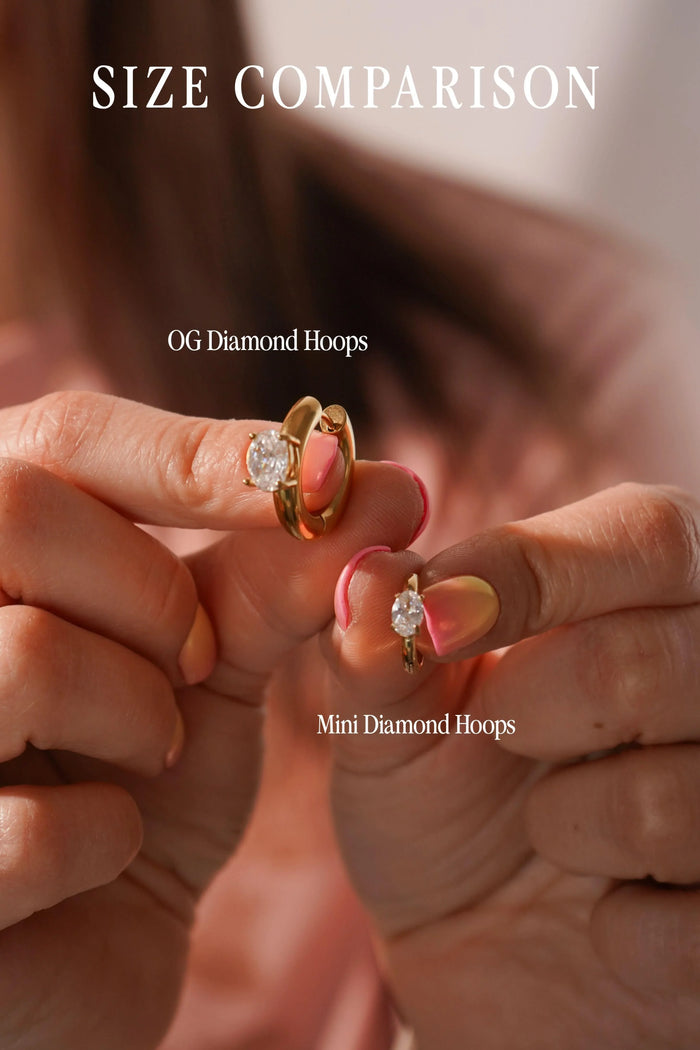 Size comparison of OG Diamond Hoops and Mini Diamond Hoops on a blurred background