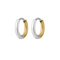 A close up of a pair of hoop earrings that feature a split design where one half of the hoop is silver in color and the other is gold. Hoops are made from ASTM F136 Implant Grade Titanium and the gold half is finished with 18k Gold PVD plating.