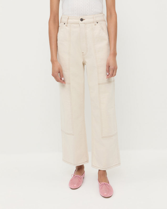 Molly Workwear Jean in natural denim, Rylee Pointelle Tank Top in grey cotton, and Landon Ballet Mesh Ballet Flat.