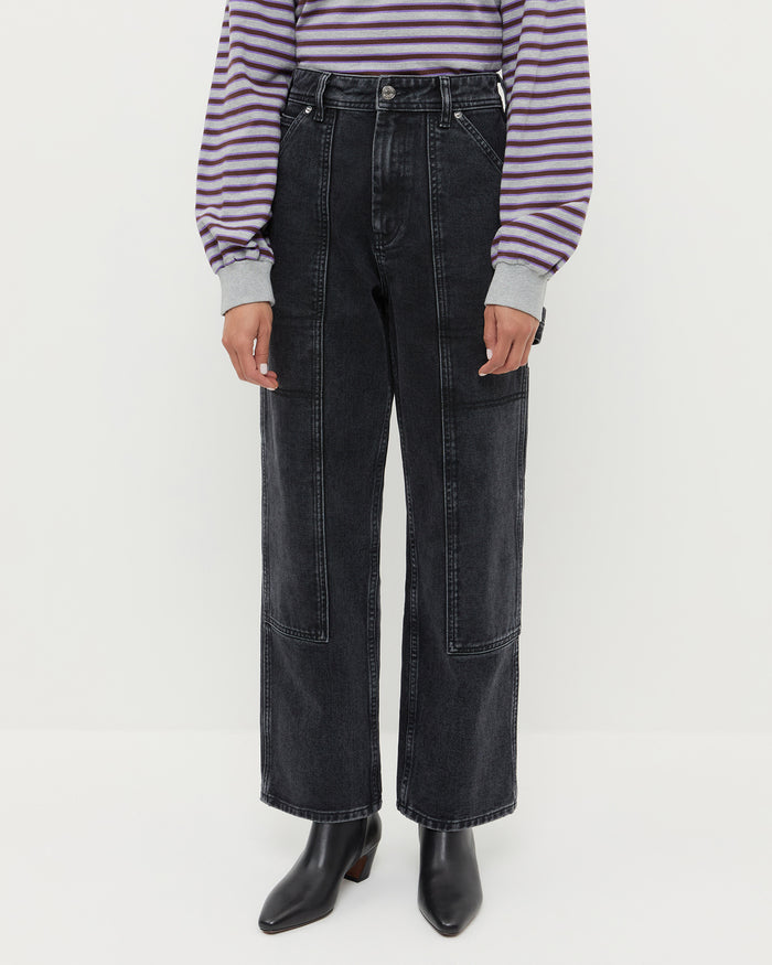 Molly Workwear Jean in washed black denim, Scout Long-Sleeve Top in grey and purple cotton, and Harper Black Leather Ankle Boot.