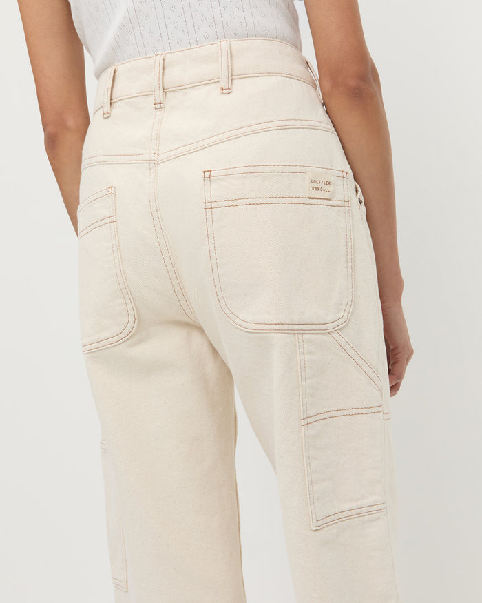 Molly Workwear Jean in natural denim and Rylee Pointelle Tank Top in grey cotton.