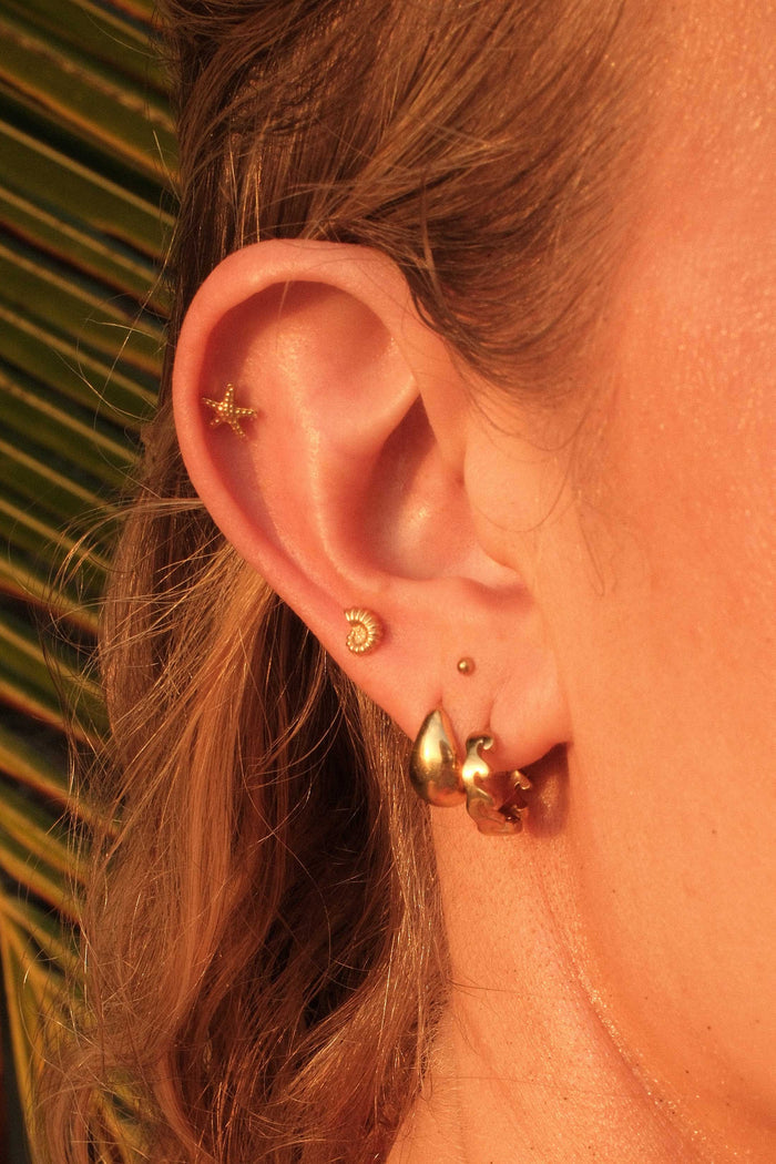 Close-up of an ear with gold earrings against a blurred natural background