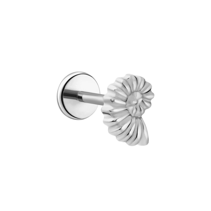 Titanium silver, sculpted shell-shaped flat back stud earring on a white background.