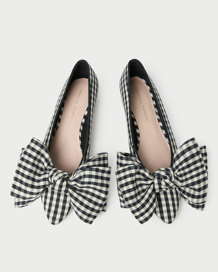 Noa Black/White Gingham Bow Flat in black/white gingham cotton.