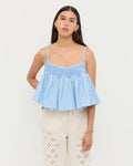 Nola Top in blue gingham cotton and Demi Embroidered Pant in natural cotton.