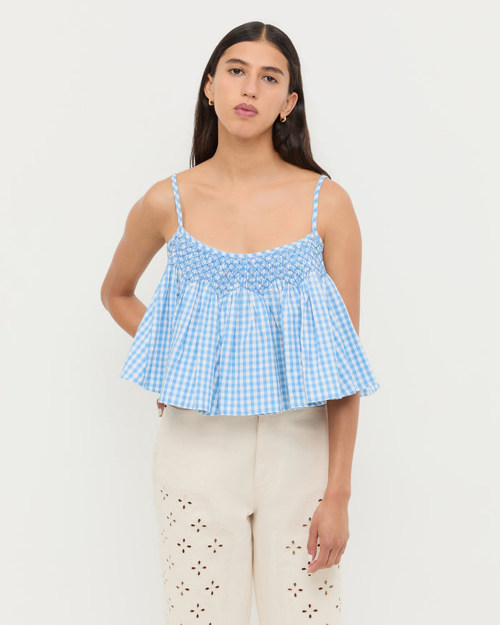 Nola Top in blue gingham cotton and Demi Embroidered Pant in natural cotton.