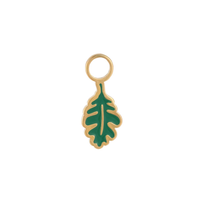 Green oak leaf-shaped hoop charm with gold outline on a white background