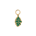 Green oak leaf-shaped hoop charm with gold outline on a white background