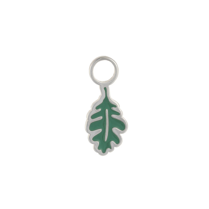 Silver and green oak leaf-shaped hoop charm with gold outline on a white background